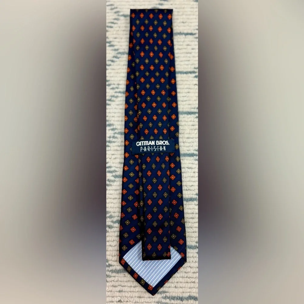 GITMAN BROS Parisian Formal Men’s Silk Tie Navy Blue Orange Medallion Hand Made